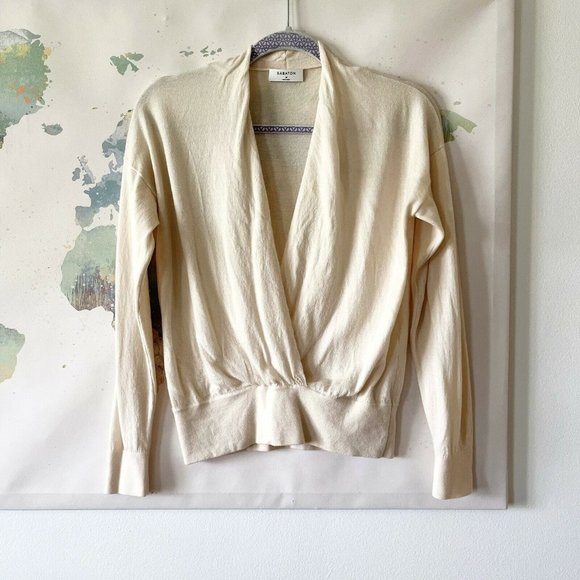 Babaton Size Medium Sweater Faux Wrap Cream 100% Merino Wool V Neck Soft - Picture 1 of 10